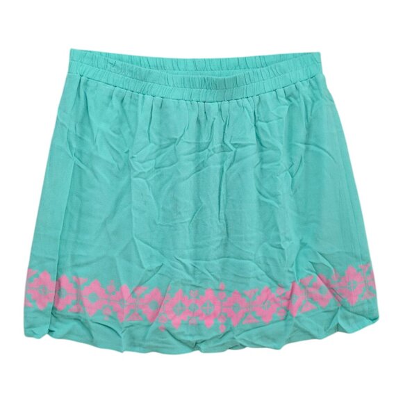 Buttons Mini Skirt Teal Green Pink Printed Pleated Lightweight Pull On Size M - Picture 1 of 7